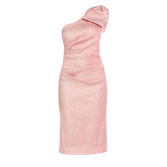 Rickie Freeman For Teri Jon Ruched One Shoulder Bow Jacquard Pink Gown Size 10 - Picture 3 of 5